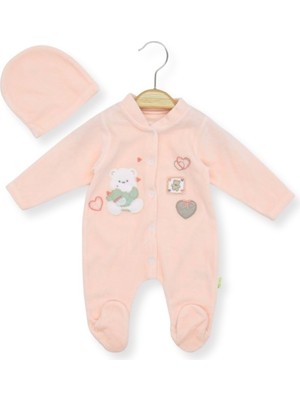 Atabay Kalpli Ayıcık Nakışlı Patikli Şapkalı Kadife Tulum - Somon - 6 - 9 Ay - HYT1263-SOMON-6 - 9 Ay Somon