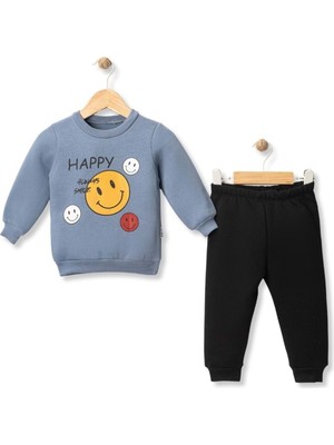 Atabay Happy Smıle Baskılı Üç Iplik Şardonlu Alt Üst Takım - MYS5162-MAVI-6 Ay Mavi