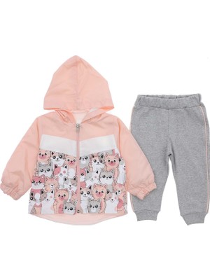 Atabay Kapüşonlu Kedili Yağmurluklu Iki Iplik Üçlü Alt Üst Takım - BRA50532-SOMON-9 - 12 Ay Somon