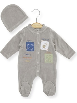 Atabay Kare Nakışlı Kadife Şapkalı Patikli Tulum - Gri - 3 - 6 Ay - HYT1259-GRI-3 - 6 Ay Gri