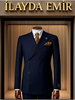 İlayda Emir Özel Tasarım Slim Fit Fermuarlı Erkek Takım Elbise Lacivert