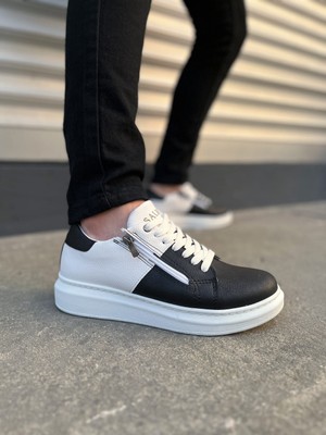 Mevese Warrior Bağcıklı ve Fermuarlı Cilt Erkek Günlük Sneaker Ayakkabı CBT - Beyaz/Siyah