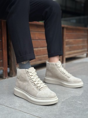 BOA BA0713 Bağcıklı Süet Bej Yüksek Taban Erkek Tarz Spor Bot