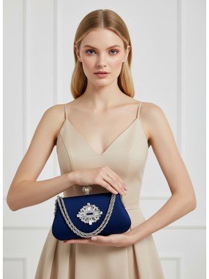 Biçanta Lacivert Renk Simli Saten Gümüş ve Inci Detaylı Zincir Askılı Kadın Abiye Çanta Düğün Nişan Balo