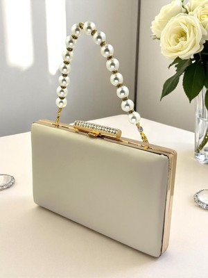 Biçanta Ten Renk Mat Cilt Deri Inci Saplı Altın Detaylı Kadın Abiye Çanta Düğün Nişan Mezuniyet