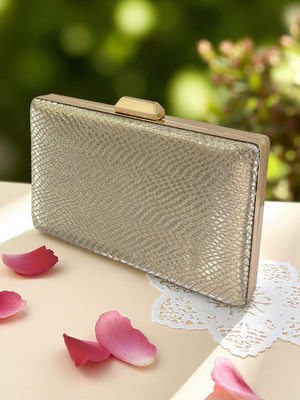 Biçanta Altın Gold Dore Renk Lazer Yılan Desenli Kadın Abiye Çanta Gece Çantası Düğün Nişan Portföy