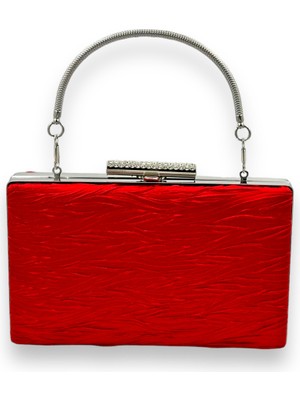 Biçanta Kırmızı Pileli Saten Abiye Çanta Metal Saplı Kulplu Düğün Nişan Kına Gece Çantası Mezuniyet Çantası