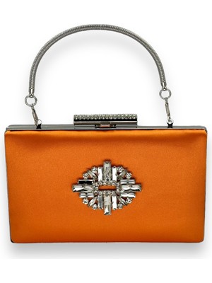 Biçanta Turuncu Renk Saplı Saten Kristal Taşlı Abiye Çanta Gece Çantası Kına Gelin Mezuniyet Çantası Clutch