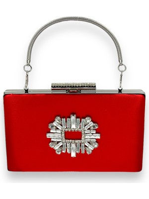 Biçanta Kırmızı Renk Saten Saplı Kristal Taşlı Abiye Çanta Gece Çantası Kına Gelin Mezuniyet Çantası