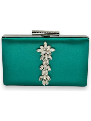 Biçanta Yeşil Renk Saten Kristal Taşlı Abiye Çanta Gece Çantası Kına Gelin Mezuniyet Çantası Clutch