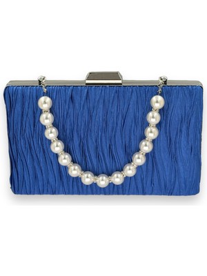 Biçanta Saks Mavi Renk Inci Saplı Pileli Saten Abiye Çanta Gece Çantası Düğün Nişan Davet Mezuniyet