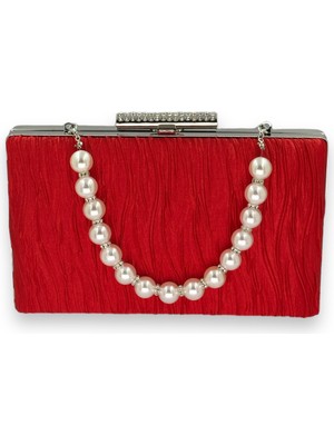 Biçanta Kırmızı Inci Saplı Pileli Saten Abiye Çanta Gece Çantası Düğün Nişan Davet Mezuniyet