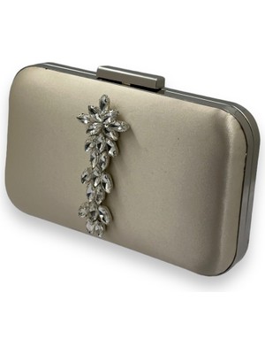 Biçanta Ten Nude Renk Saten Gümüş Kasalı Gümüş Taşlı Abiye Çanta Gece Çantası Düğün Nişan Portföy