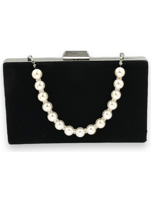 Biçanta Siyah Renk Süet Inci Saplı  Abiye Çanta Gece Çantası Kına Düğün Nişan Balo Davet