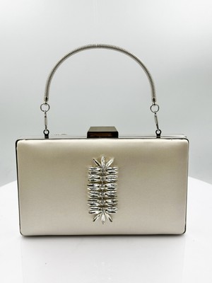 Biçanta Ten Nude Renk Saten Gümüş Kasalı Gümüş Taşlı Abiye Çanta Gece Çantası Düğün Nişan Portföy