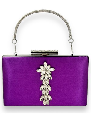 Biçanta Mor Renk Saten Kristal Taşlı Abiye Çanta Gece Çantası Kına Gelin Mezuniyet Çantası Clutch Portföy