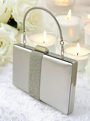 Biçanta Gümüş Renk Saten Gümüş Taşlı Kadın Abiye Çanta Gece Çantası