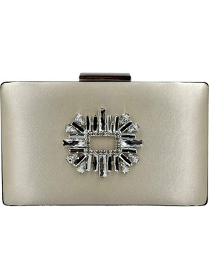 Biçanta Ten Nude Renk Saten Gümüş Kasalı Gümüş Taşlı Abiye Çanta Gece Çantası Düğün Nişan Portföy