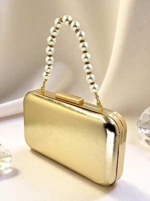 Biçanta Altın Gold Dore Renk Kırışık Rugan Inci Saplı Abiye Çanta Gece Çantası Düğün Nişan Portföy