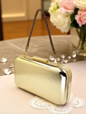 Biçanta Altın Gold Dore Renk Kırışık Rugan Taşlı Saplı Abiye Çanta Gece Çantası Düğün Nişan Portföy