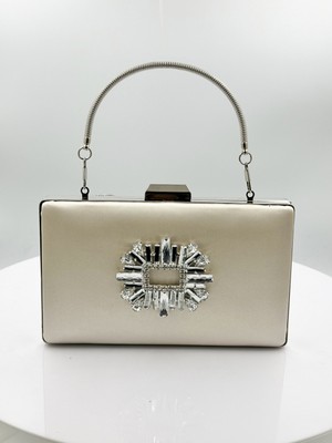 Biçanta Ten Nude Renk Saten Gümüş Kasalı Gümüş Taşlı Abiye Çanta Gece Çantası Düğün Nişan Portföy