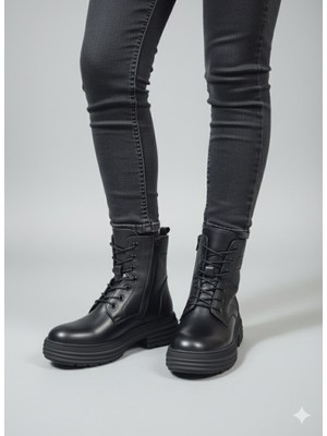 Voyager Bağcıklı Fermuarlı Kalın Taban Kaymaz Hakiki Deri Kadın Bot Z328