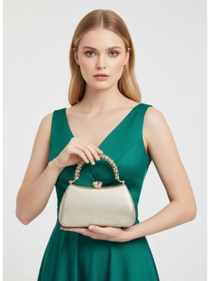 Biçanta Özel Tasarım Altın Renk Lazer Yılan Desenli Saplı Kulplu Kadın Abiye Çanta Düğün Nişan Balo