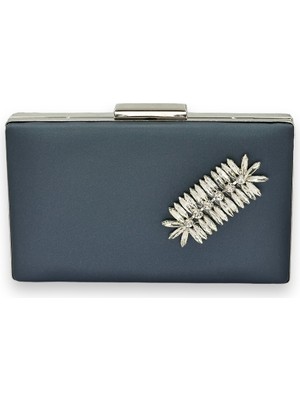 Biçanta Lacivert Renk Çizilmeyen Saten Gümüş Taşlı Abiye Çanta Düğün Nişan Çantası