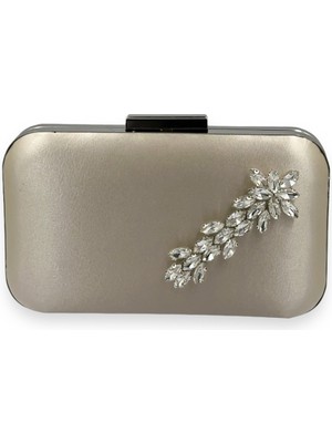 Biçanta Ten Nude Renk Saten Gümüş Kasalı Gümüş Taşlı Abiye Çanta Gece Çantası Düğün Nişan Portföy