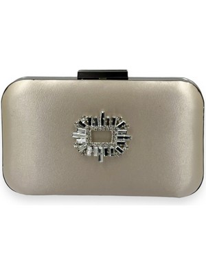 Biçanta Ten Nude Renk Saten Gümüş Kasalı Gümüş Taşlı Abiye Çanta Gece Çantası Düğün Nişan Portföy