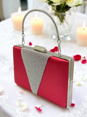 Biçanta Fuşya Saten Gümüş Taşlı Metal Saplı Abiye Çanta Gece Çantası Nişan Düğün Çantası