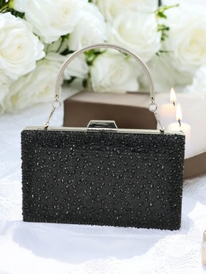 Biçanta Siyah Renk Metal Saplı Kristal Taşlı  Abiye Çanta Düğün Nişan Kına Mezuniyet