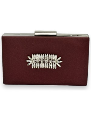 Biçanta Bordo Renk Çizilmeyen Saten Gümüş Taşlı Abiye Çanta Düğün Nişan Çantası