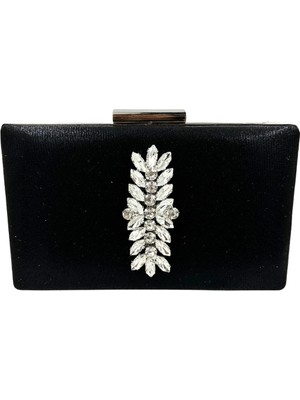 Biçanta Siyah Renk Gümüş Kasalı Gümüş Taşlı Abiye Çanta Gece Çantası Düğün Nişan Portföy