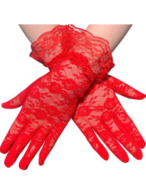 Skygo Güpürlü Bilek Boyu Kırmızı Dantel Eldiven Yetişkin