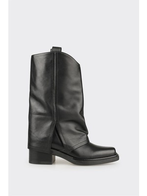 Elle Siyah Deri Kadın Western Çizme