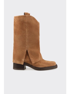 Elle Taba Deri Kadın Western Çizme Kalın Topuklu Günlük Kullanım İçin Şık Tasarım