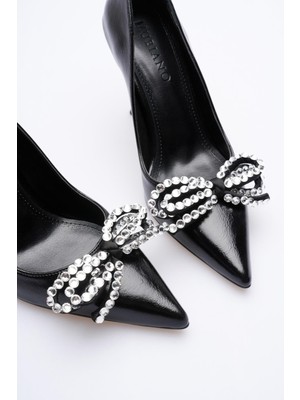 Mubiano Kadın Rugan Yüksek Topuklu Ayakkabı 9.5 cm Taş Detaylı Fiyonklu Siyah Cielle