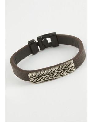 Zeroshop Zikzak Kaliteli Suni Deri Bileklik-Kahverengi