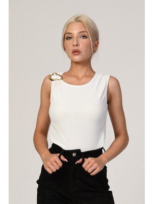 Big Dart Omzu Gold Taş Detaylı Bluz  - Beyaz Beyaz - 38