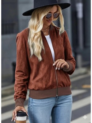 Kadın Uzun Kollu Önden Fermuarlı Süet Ceket