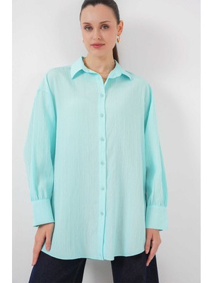Moda1001 Big Dart Çizgili Oversize Gömlek  - Turkuaz Turkuaz - 44