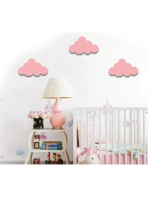 Mega Design 3 Adet Pembe Bulut Figürlü Çocuk Odası Dekoratif Ahşap
