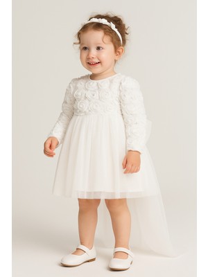 2kids2mom Kız Bebek Beyaz Elbise Uzun Kollu Fiyonklu Doğum Günü Parti Düğün Özel Gün Tüllü Astarlı Prenses