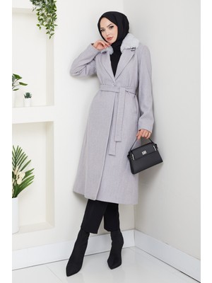 Pamuk Butik Kadın Kürk Detaylı Kuşaklı Astarlı Kaşe Kaban -PMK474