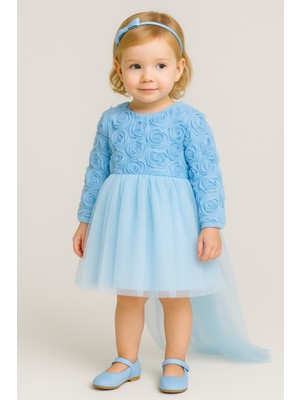 2kids2mom Kız Bebek Mavi Elbise Uzun Kollu Fiyonklu Doğum Günü Parti Düğün Özel Gün Tüllü Astarlı Prenses