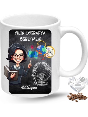 Caisya Coğrafya Öğretmeni Kadın Öğretmenler Günü Hediyesi Isimli Baskılı Porselen Kupa Bardak