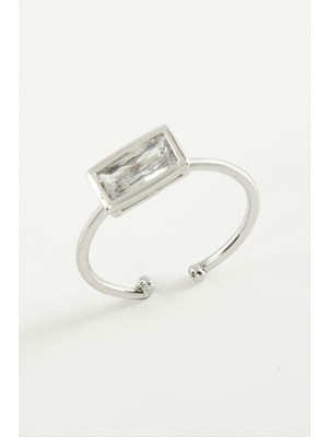 Zeroshop Dikdörtgen Zirkon Taşlı Yüzük-Gümüş Rengi