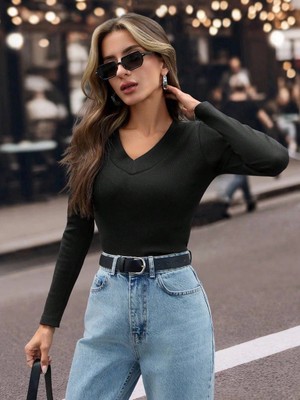 V Yaka Kaşkorse Bluz Siyah W3817