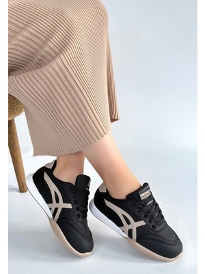 Zlay Siyah Cilt Bej Detaylı Bağcıklı Spor Ayakkabı